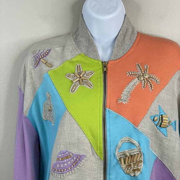 Vintage IB Diffusion Linen Bomber Jacket Large Zip 90s Cruise Vacation Hong Kong - Picture 3 of 12